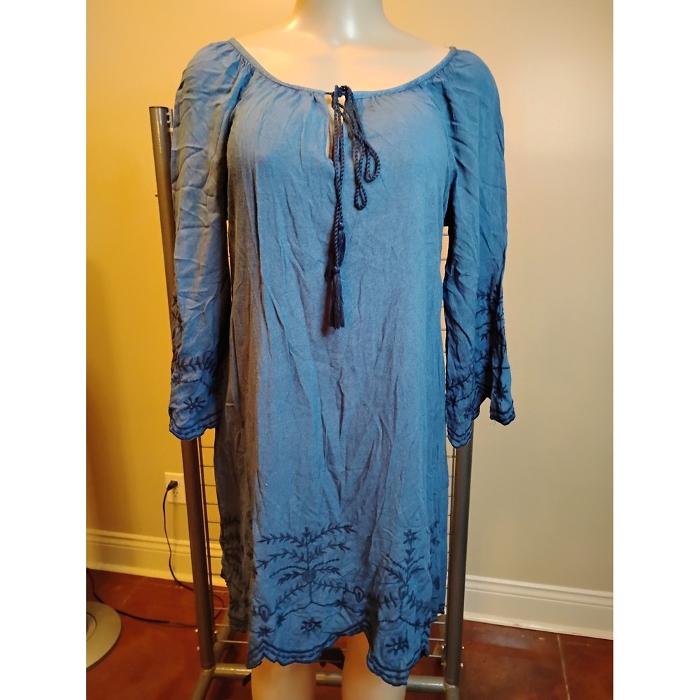 Chic Connection Blue Embroidered Boho Tassel Shift Dress 1154(M) Small
